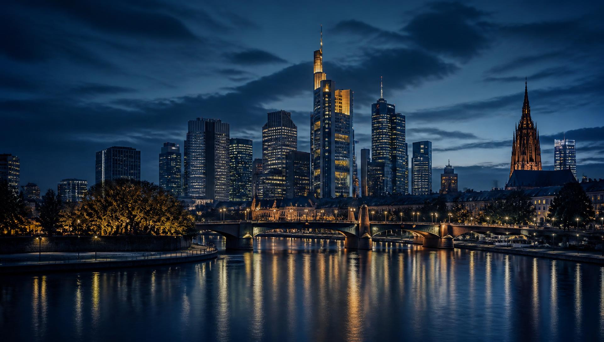 Frankfurter Skyline zur blauen Stunde – Konferenzdolmetscher & Fachübersetzer am Main