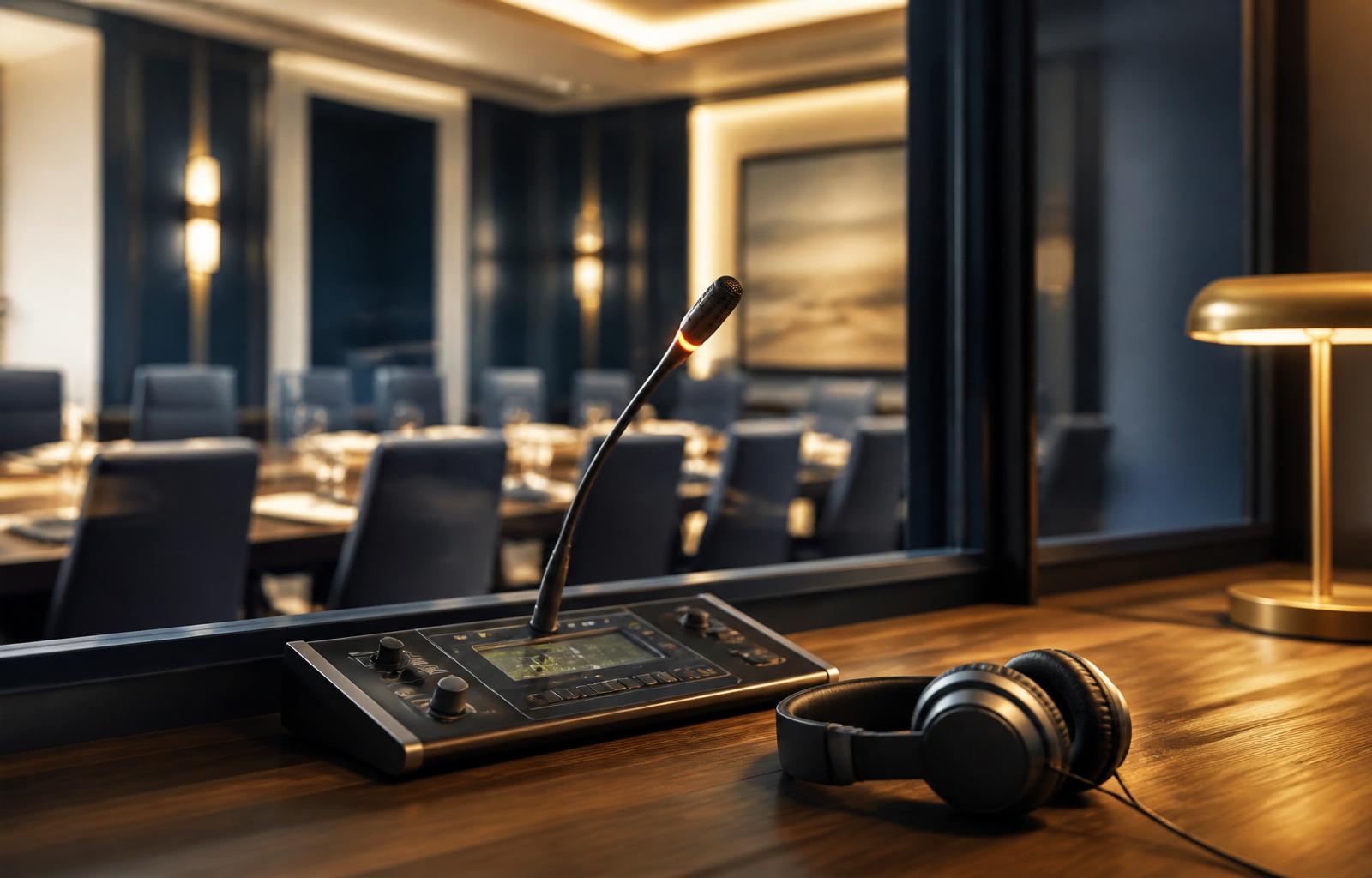 Conference interpreting setup: simultaneous console and headphones in a Frankfurt boardroom
